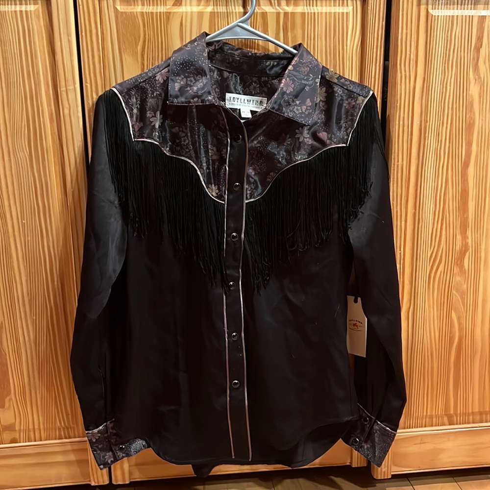 Idyllwind black fringe pearl snap satin XS NWT